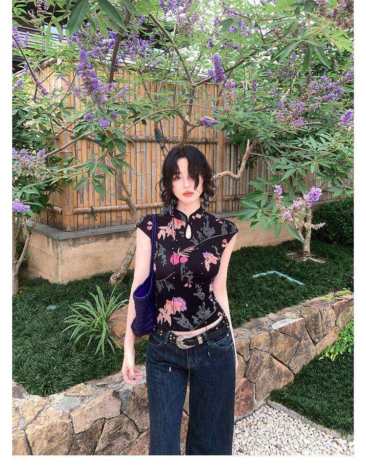 KELIFAN Floral Mesh Water-Drop Top