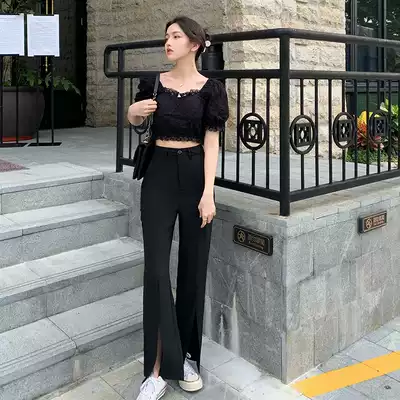 Wine afternoon French retro 2021 female summer new front split trousers loose casual pipe pants thin wide leg trousers