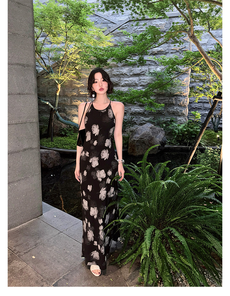 KELIFAN Floral Print Halter Maxi Dress