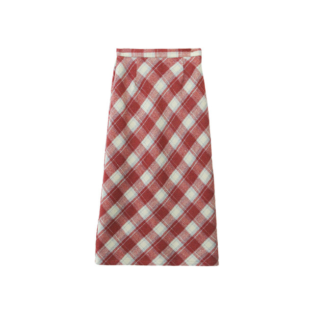 ເຫຼົ້າແວງຕອນບ່າຍຝຣັ່ງ Retro Plaid Woolen Skirt ແອວສູງ Slim ກາງ-Length A-Line Hip Straight Skirt ຂອງແມ່ຍິງພາກຮຽນ spring