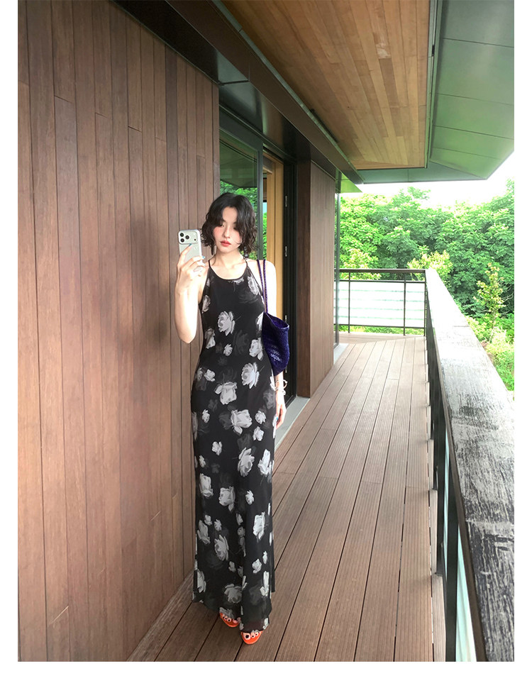 KELIFAN Floral Print Halter Maxi Dress
