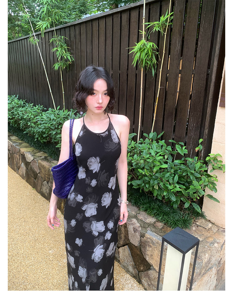 KELIFAN Floral Print Halter Maxi Dress