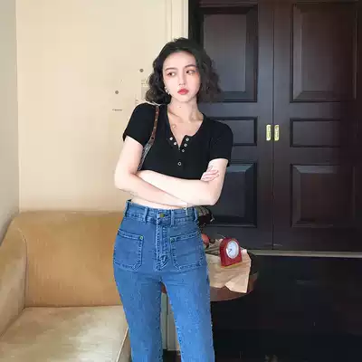 Wine afternoon 2021 female summer new Hong Kong style vintage half open collar short version T-shirt cotton slim flat cotton slim naked American short sleeve top