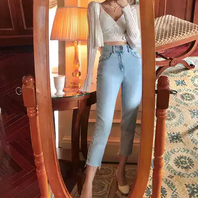 Wine afternoon 2021 female summer new French retro high waist thin cotton jeans Hong Kong wind straight tube ankle-length pants