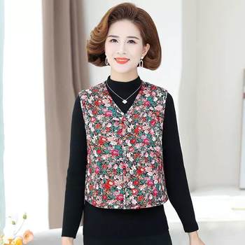 Autumn and winter floral cotton-padded jacket for women, vest, thickened close-fitting warm vest for middle-aged and elderly people, winter grandma camel velvet cotton