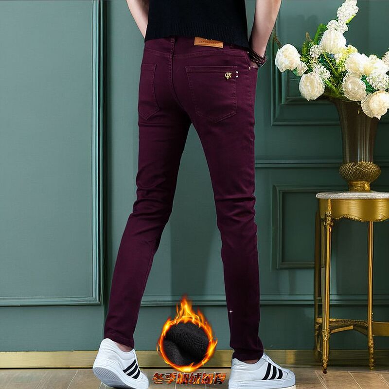 Autumn and Winter Men's Jeans, Burgundy Stretch High-End Slim Fit Skinny Pants, 2025 New Trendy Casual Pants Autumn and Winter Men's Jeans, Burgundy Stretch High-End Slim Fit Skinny Pants, 2025 New Trendy Casual Pants