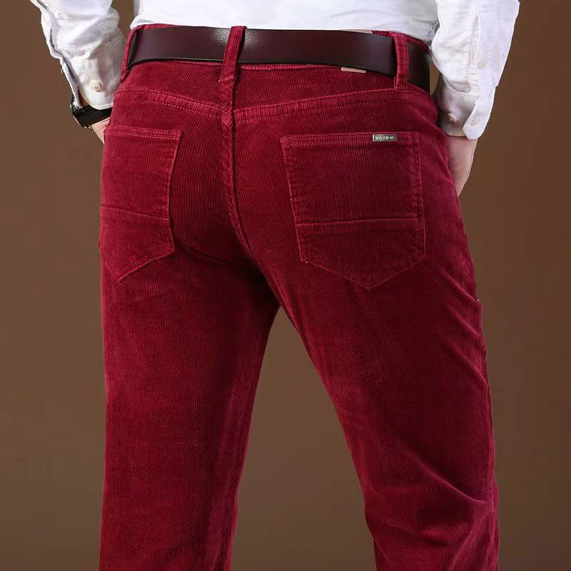 Autumn and Winter Corduroy Men's Casual Pants Straight-Leg Stretch Corduroy Large Size Dad's Long Pants Red Zodiac Year Pants