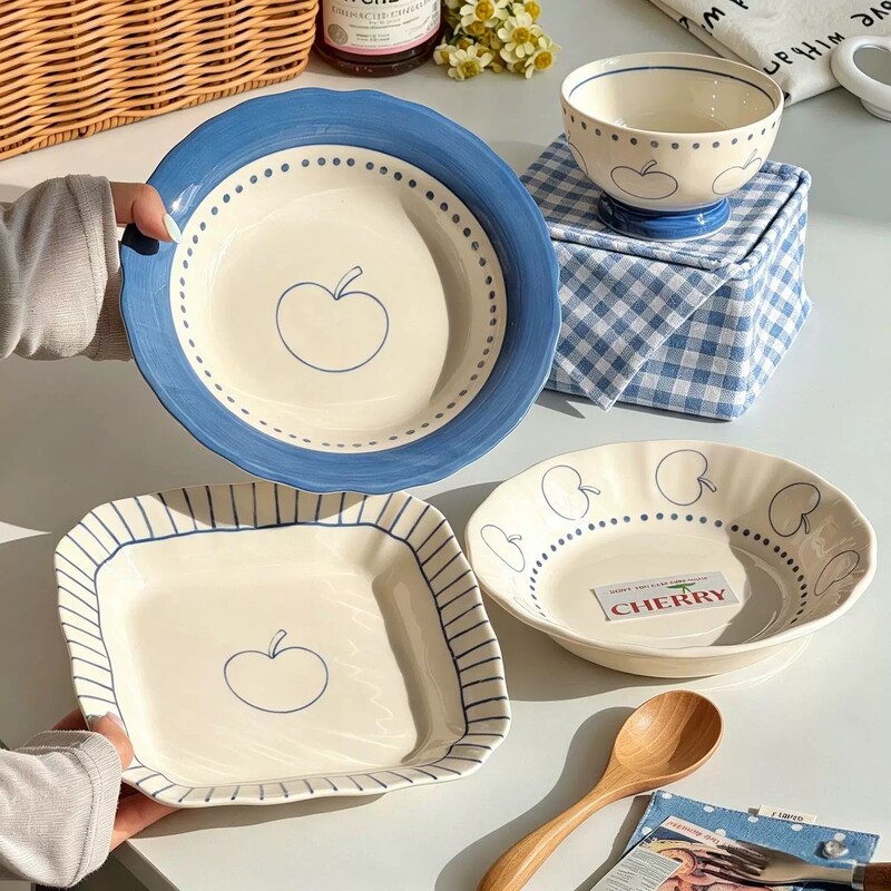 Apple Ceramic Plate, Household Dish Plate, New High-Value Underglaze Color Bowl Plate, Tableware, Deep Plate, Soup Plate, Dinner Plate