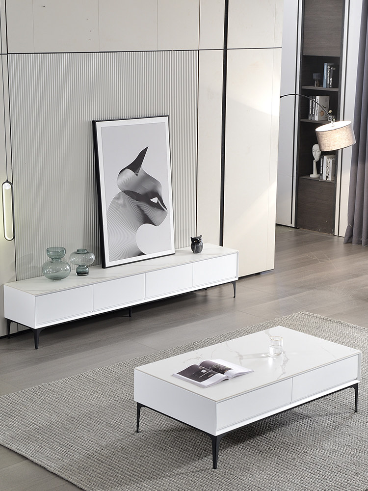 Italian simple light and luxurious TV cabinet Tea Table Composition Nordic Modern Minima Small Living Room Pure White TV Shelve
