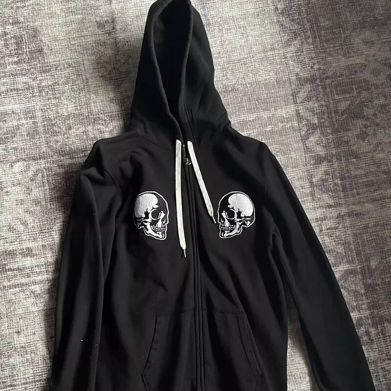 Independent Number(N)Ine Double Skull Black Embroidered Hooded Jacket Sports Sweatshirt