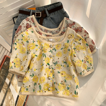 Retro square collar hollow floral top female Korean version loose thin short bubble sleeve shirt