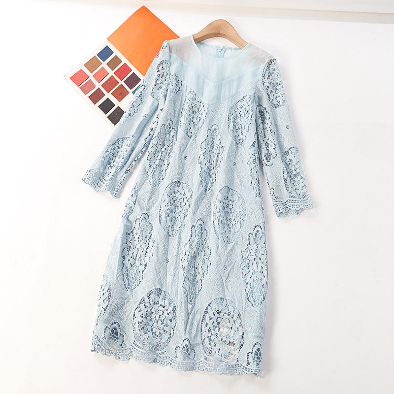 Chị anh câu chuyện 2018 mùa thu mới ren openwork khâu dài tay áo nữ 2001 đầm dự tiệc sang trọng trẻ trung