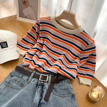 Western air age reduction round neck short sleeve bottom shirt womens new rainbow striped ice silk sweater