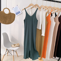 Solid color split bag body suspender skirt Korean slim slim V collar bottom long skirt