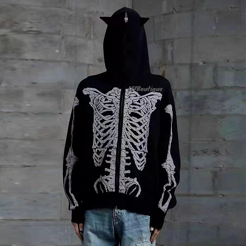 Heavenmy2K Skull Light Gothic Little Devil Ears Knitted Hooded Unisex Sweater Cardigan Jacket