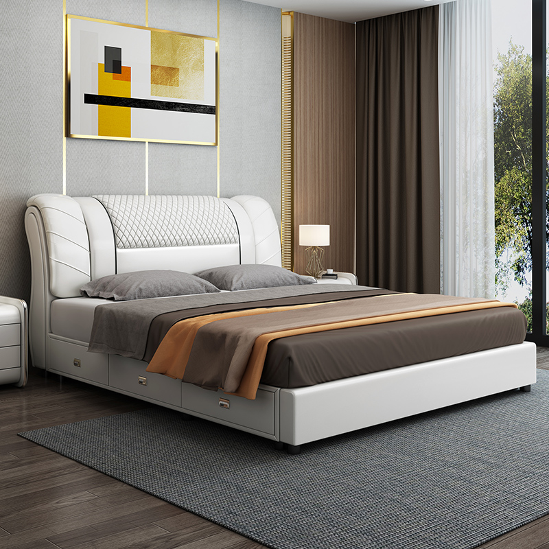 Leather bed 1 8 meters modern minimalist double bed 1 5 meters leather art bed European-style tatami large soft bed master bedroom wedding bed