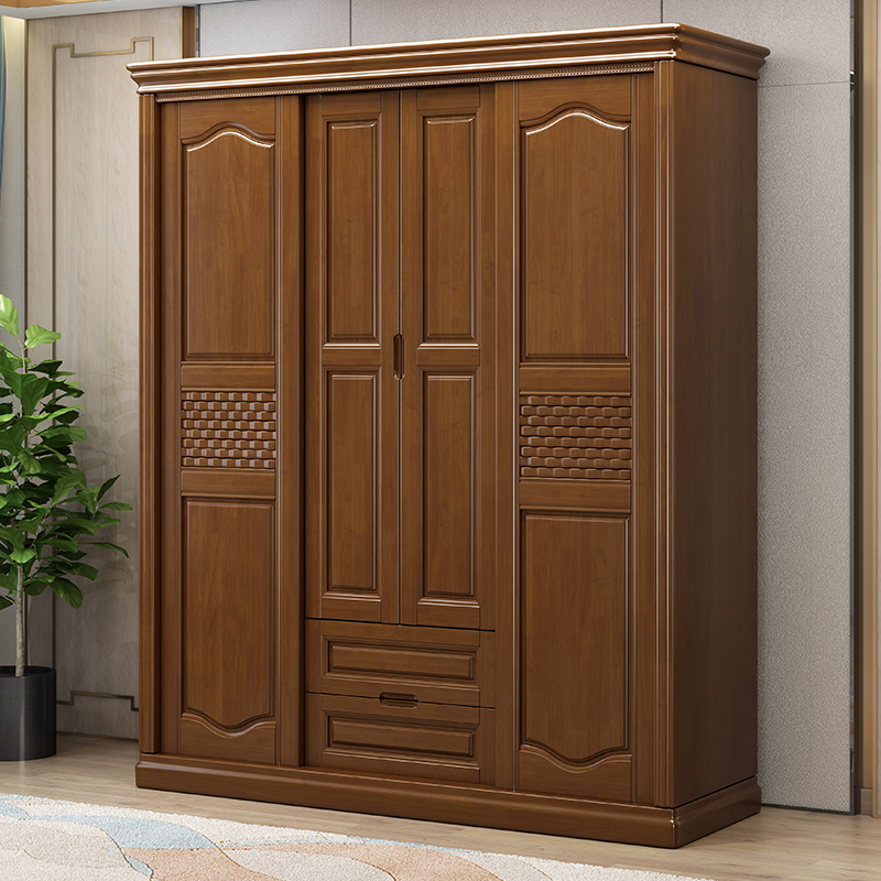 Solid wood wardrobe Modern simple Chinese style large wardrobe Bedroom assembly 4 doors wooden wardrobe two push two pull storage wardrobe