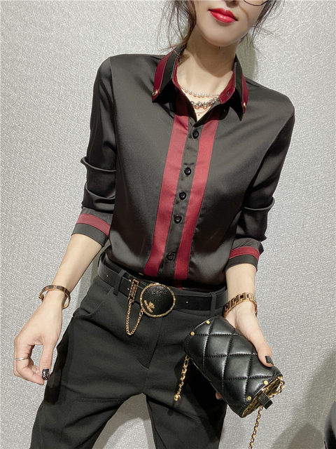 2023 spring new fashion color matching forging shirt women's high-end drape soft waxy top western style bottoming shirt slim