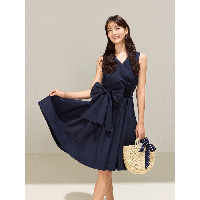 Vickyy｜【Daily Magazine】V-Neck Bow Tie Waist-Cinching Slimming Elegant A-Line Sleeveless Dress for Women