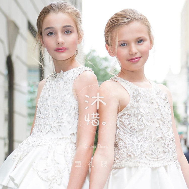 Princess skirt tutu white dress sleeveless host catwalk show children's dress trailing skirt