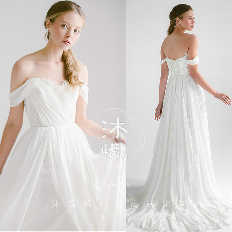 Wedding dress 2021 summer new one-shoulder elegant sexy simple fresh and elegant super fairy small trailing travel shoot