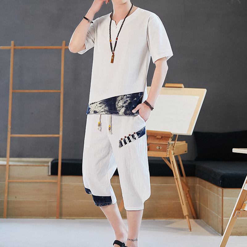 Men's pajamas summer thin cotton and linen short-sleeved suits Chinese style casual cropped pants home clothes can go out in summer