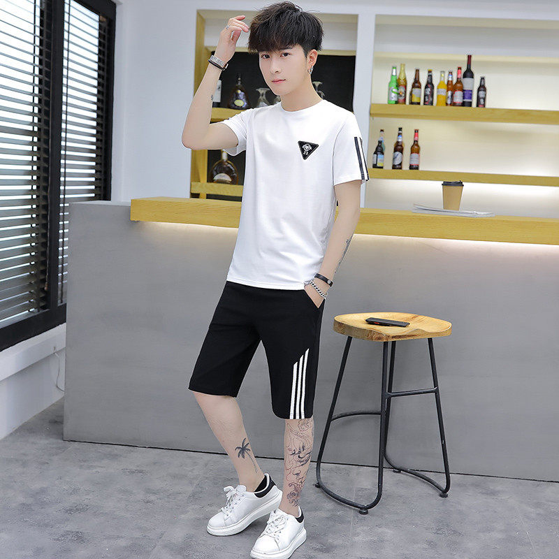 Teenage pajamas men's summer thin cotton short-sleeved shorts suit junior high school students sports can wear home clothes