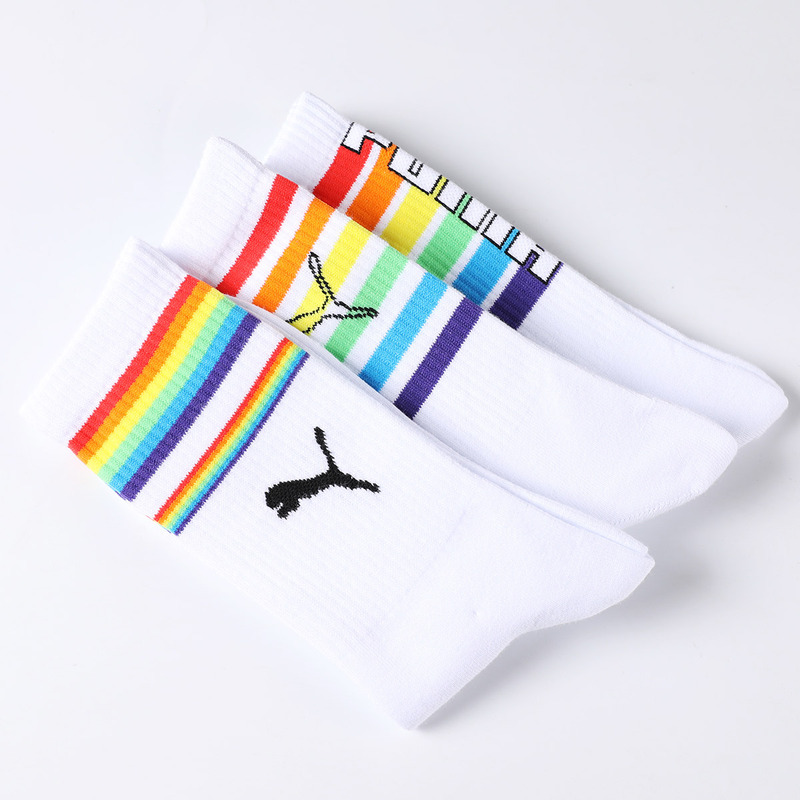 Puma Men's Socks Women's Mid-Calf Sports Versatile Autumn and Winter New Cotton Socks Rainbow Solid Color White Socks Trendy Socks 3 Pairs