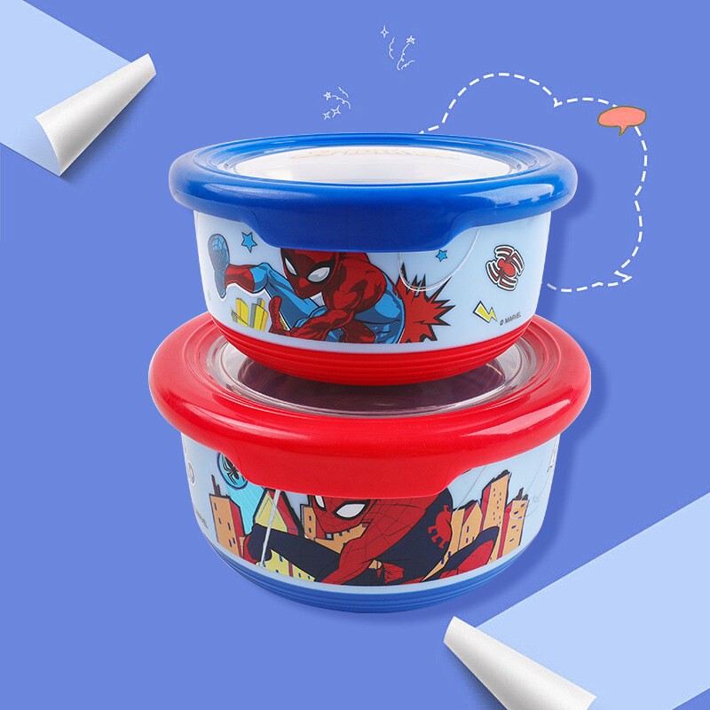 Cartoon Superhero Spider-Man Children's Bowl Household Stainless Steel Double-Handle Bowl Anti-Fall Anti-Scald Bowl Noodle Bowl Sealed Box