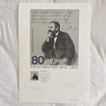 The 175th anniversary of the birth of writer Reuter in the Federal Republic of Germany in 1985. A limited edition large picture card signed by the designer.