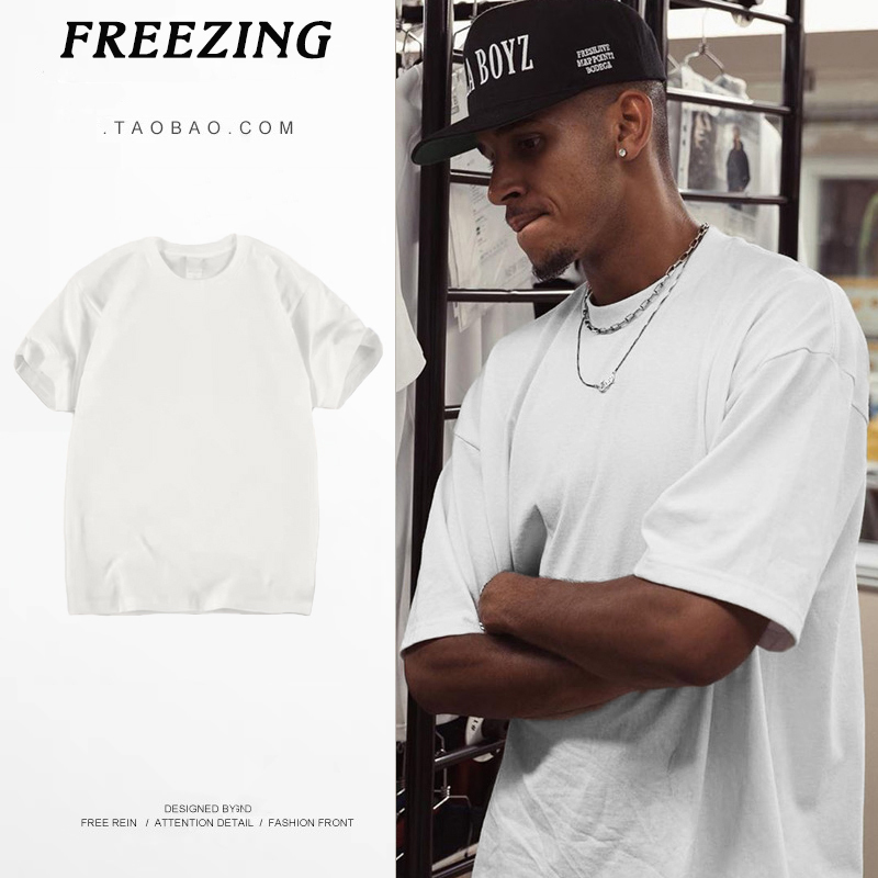 Pure Cotton Short-Sleeve T-Shirt, Thick 320g Heavyweight, Loose-Fitting Base Shirt, Unisex, White, Trendy Small Neckline, Five-Quarter Sleeves