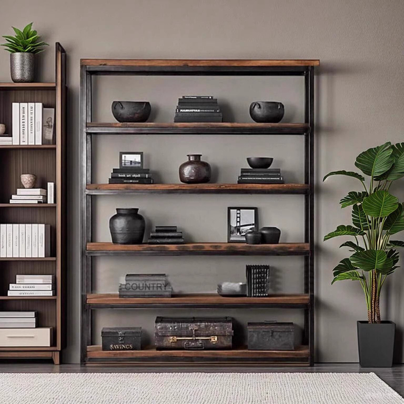 Loft American-Style Solid Wood Simple Bookshelf Display Rack Kitchen Partition Multi-Layer Storage Rack Vintage Storage Iron Art Bookshelf