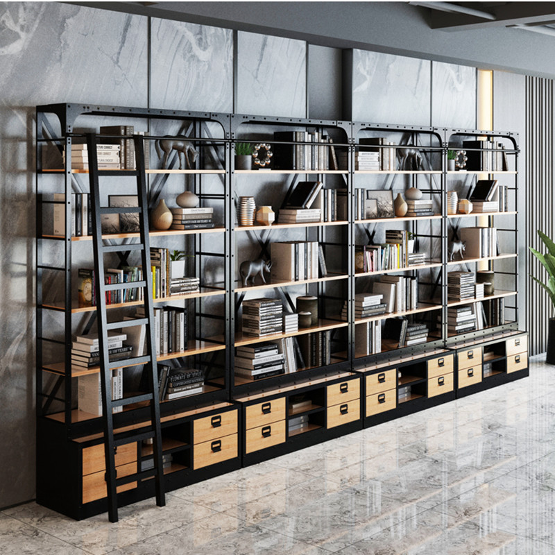 Loft American industrial style wrought iron bookshelf rack floor multi-layer solid wood living room storage full wall bookcase customization
