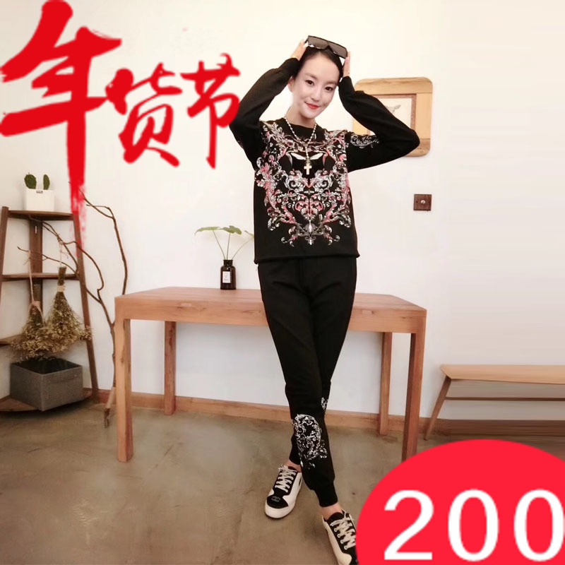 欧洲站女装2018春新款休闲运动情侣套装圆领长袖加大码两件套
