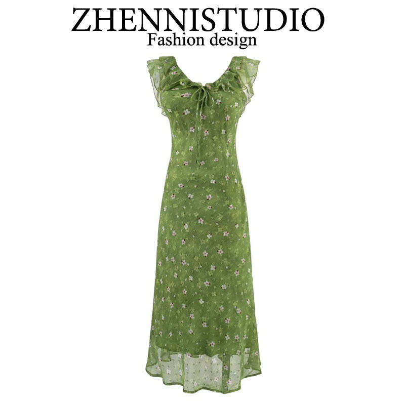 Jenny LAOSHU French-Style Green Floral Dress with Small Flutter Sleeves, 2026 New Vintage Waist-Cinching Slimming Vacation Long Dress