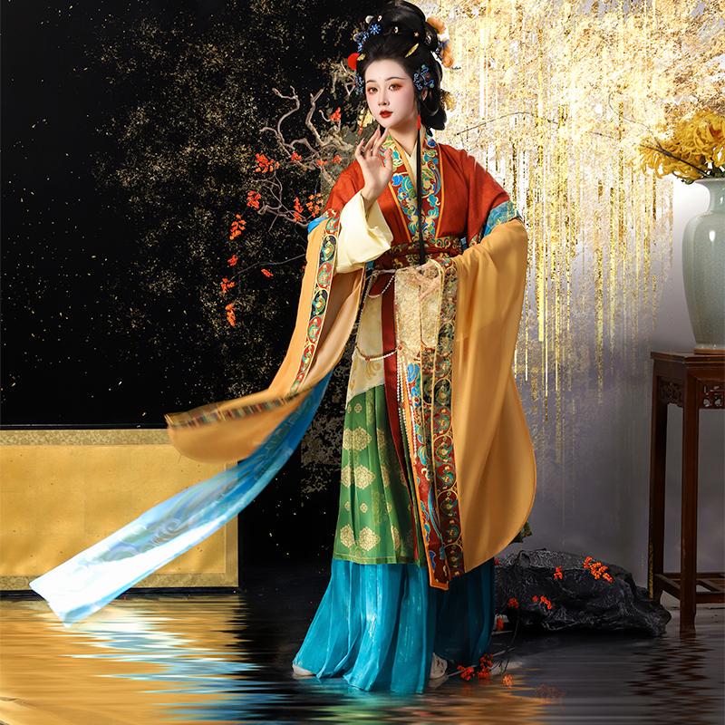 Rong Dai's Original Hanfu [Zhaohe Fu] Wei and Jin Dynasty Restored Goddess Fairy Costume with Large Sleeves, Waist-Length Perforated Skirt, Seven-Piece Set