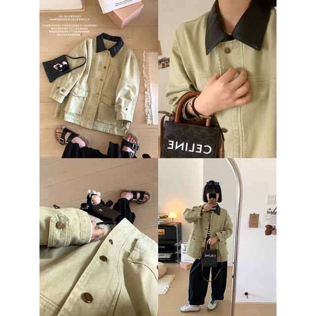 Pu leather lapel splicing wash cotton khaki windbreaker jacket
