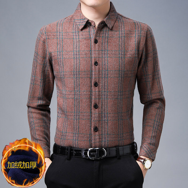 New cashmere fever clothes men's middle aged winter gush thickened wool shirt collar cardiovert blouses