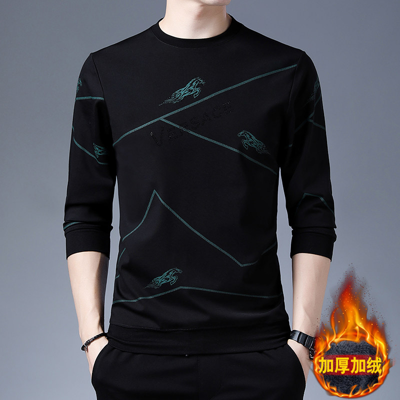 Plus velvet thick round neck long-sleeved T-shirt men's autumn and winter warm loose pullover casual top with clothes bottoming shirt