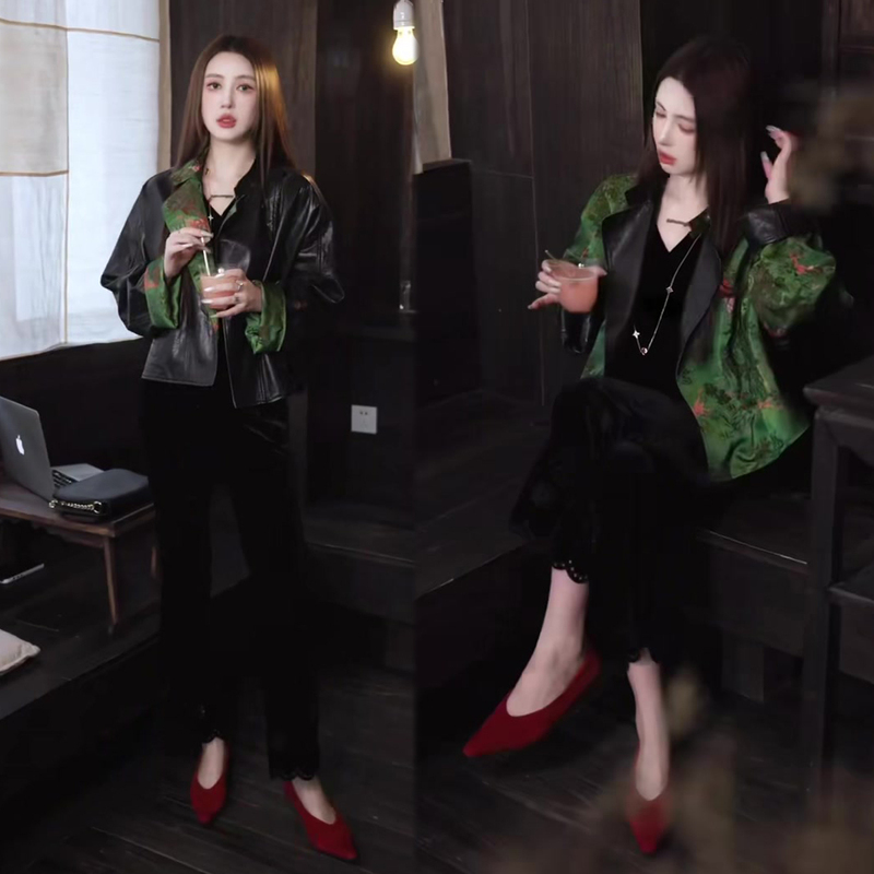 European-Style Fashionable Women's Suit 2026 Spring New Style Reversible Pu Leather Jacket + Velvet Lace Pants Two-Piece Set