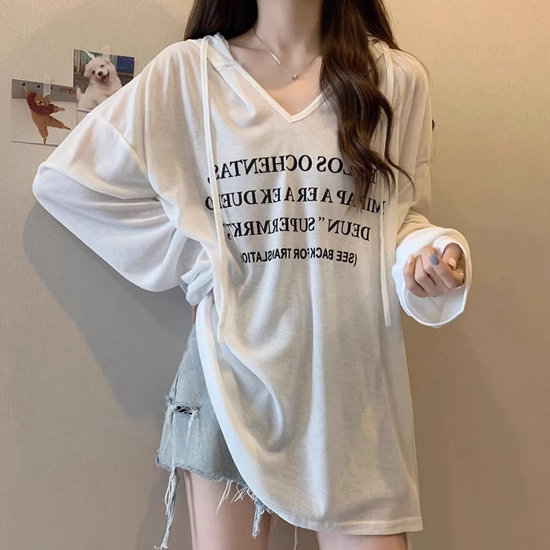 Mid-Length V-Neck Hooded Sun Protection Thin Blouse for Women, Summer 2026 New Loose Long-Sleeved T-Shirt with Regular Shoulders