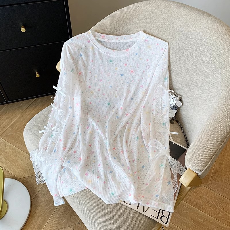 Design Niche Lace Bow Long-Sleeved T-Shirt Women's Summer Thin Gauze Loose Lazy Style Sun Protection Blouse Top
