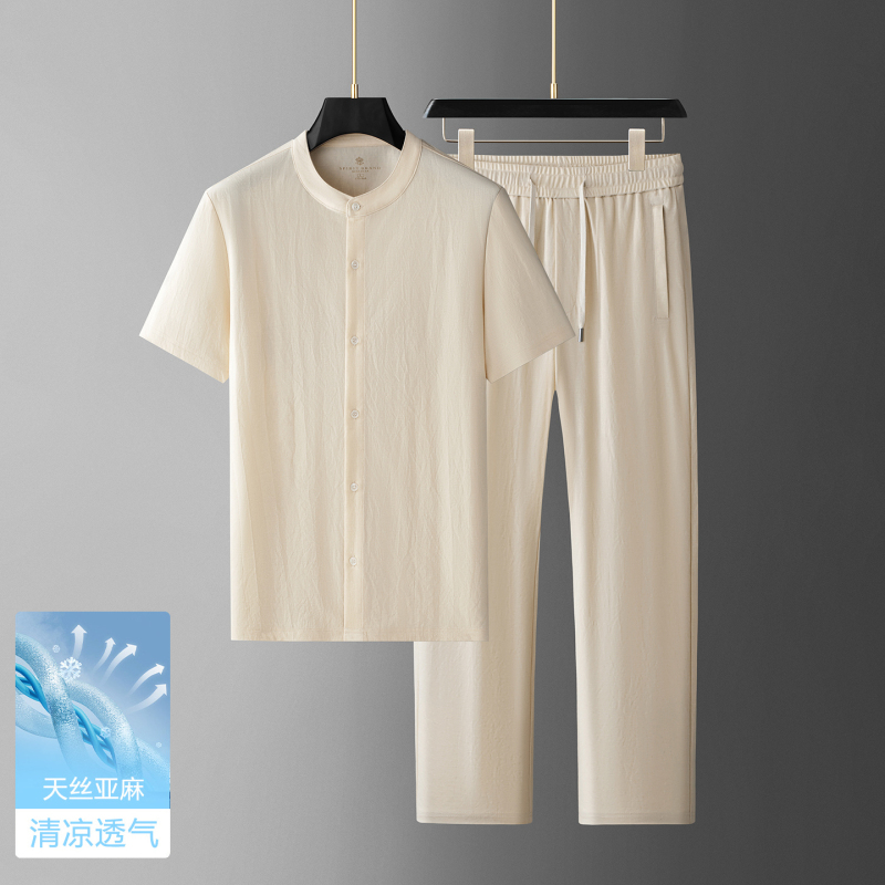 High-End Summer Ice Silk Linen Casual Sports Suit for Men, Summer Thin Tencel Short-Sleeved Two-Piece Set for Men, Comfortable