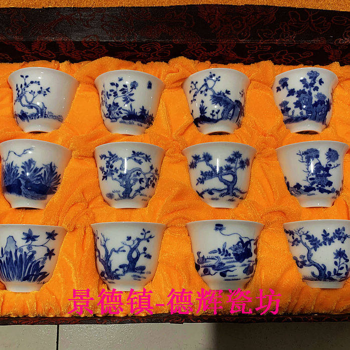Jingdezhen Cultural Leather Factory Porcelain All Hand Painting Blue Flower in December season of Divine Master Cup Tea Cup