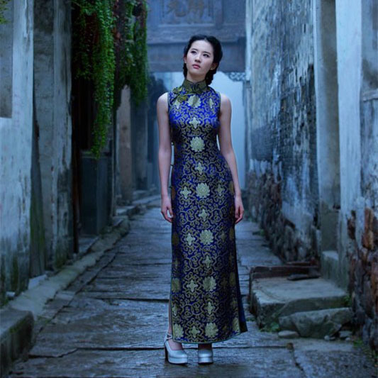 Liu Yifei Cheongsam Celebrity Style Long Plus Size Modified Slit Classical Brocade Blue Elegant Classic Runway