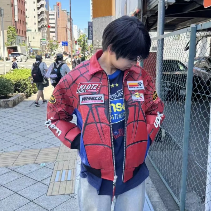 Fog Vujade Spider Collaboration American Streetwear Brand Embroidered Racing Motorcycle Leather Jacket Couple Loose Coat Men