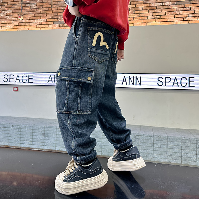 Boy gush pants autumn winter style 2023 new children Thickened Denim Work Pants Big Boy Winter Dress Warm-Taobao