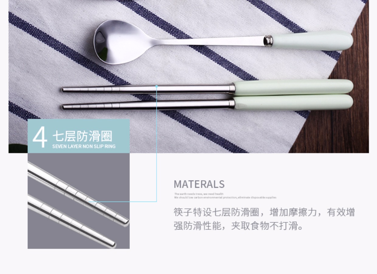 Sáng tạo inox cầm tay bộ đồ ăn ba mảnh đũa sinh viên dễ thương hộp dài tay cầm thìa đặt trẻ em bộ chén đĩa