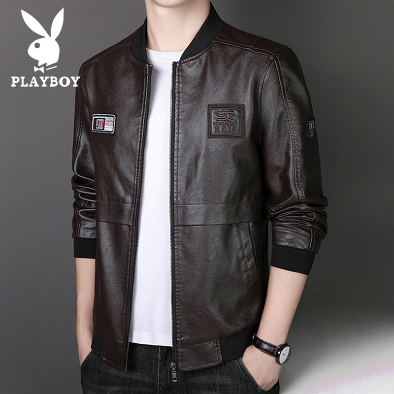 Playboy Baseball Collar Leather Jacket Men's Slim Fit Autumn and Winter Coat Trendy Cool Biker Jacket Men's Clothing Playboy Baseball Collar Leather Jacket Men's Slim Fit Autumn and Winter Coat Trendy Cool Biker Jacket Men's Clothing