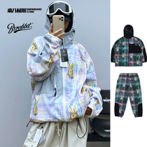 W23 new bsrabbit Korean snowboarding clothing snow pants fleece hooded colorful plaid string label rabbit trend